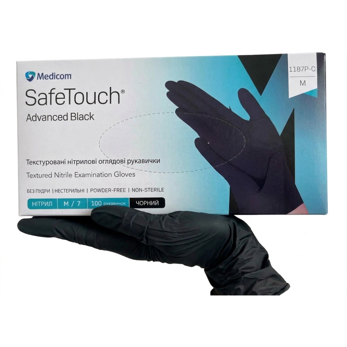 Рукавички нітрилові SafeTouch Advanced Black M без пудри текстуровані 100 шт. чорні 3,5 г (1187P-C)