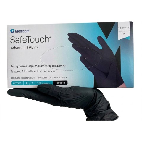Рукавички нітрилові SafeTouch Advanced Black M без пудри текстуровані 100 шт. чорні 3,5 г (1187P-C)