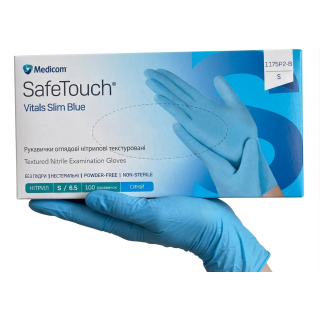 Рукавички нітрилові SafeTouch Vitals Slim Blue S без пудри текстуровані 100 шт. блакитні (1175P2-B)