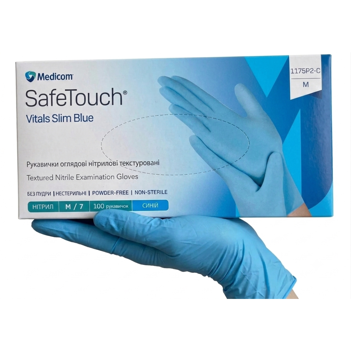 Рукавички нітрилові SafeTouch Vitals Slim Blue М без пудри текстуровані 100 шт. блакитні (1175P2-C)
