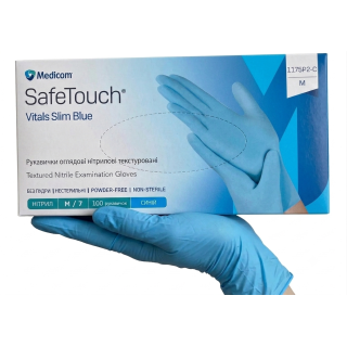 Рукавички нітрилові SafeTouch Vitals Slim Blue М без пудри текстуровані 100 шт. блакитні (1175P2-C)