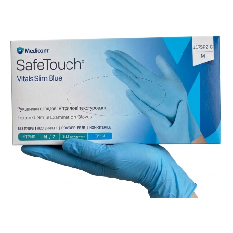 Рукавички нітрилові SafeTouch Vitals Slim Blue М без пудри текстуровані 100 шт. блакитні (1175P2-C)