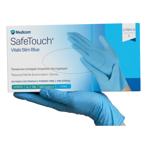 Рукавички нітрилові SafeTouch Vitals Slim Blue L без пудри текстуровані 100 шт. блакитні (1175P2-D)