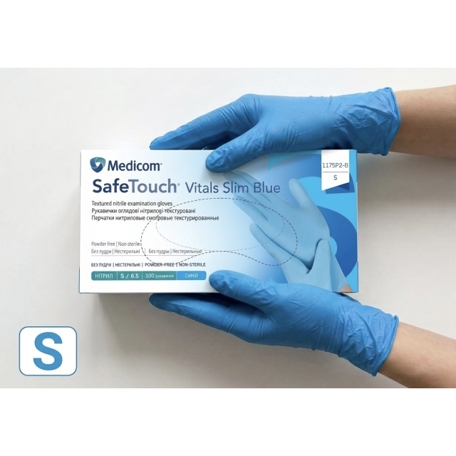 Рукавички нітрилові SafeTouch Vitals Slim Blue S без пудри текстуровані 100 шт. блакитні (1175P2-B)