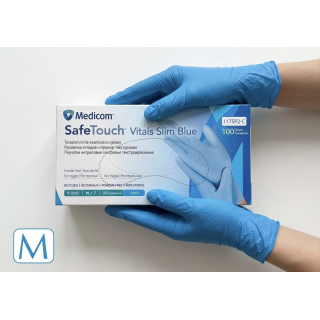 Рукавички нітрилові SafeTouch Vitals Slim Blue М без пудри текстуровані 100 шт. блакитні (1175P2-C)