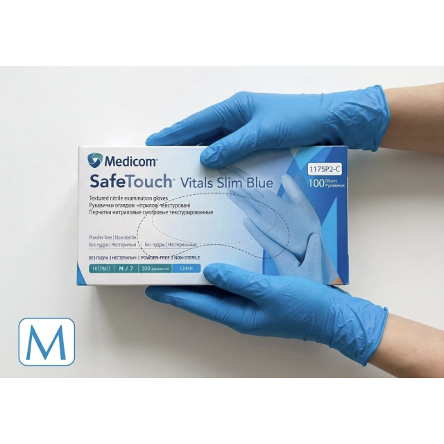 Рукавички нітрилові SafeTouch Vitals Slim Blue М без пудри текстуровані 100 шт. блакитні (1175P2-C)