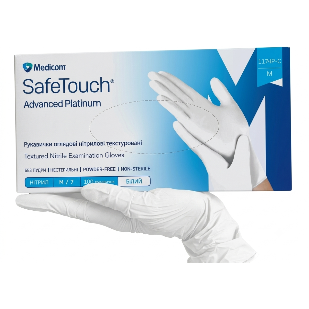 Рукавички нітрилові SafeTouch Advanced Platinum М без пудри текстуровані 100 шт. білі (1174P-C)