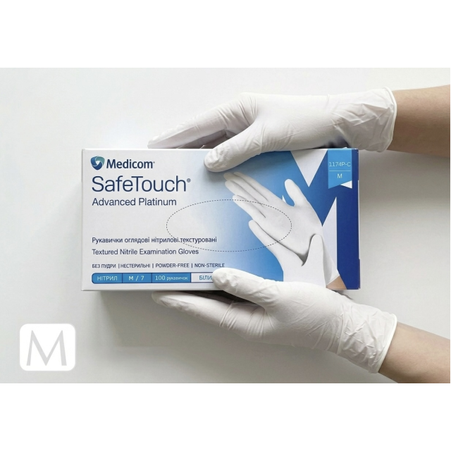 Рукавички нітрилові SafeTouch Advanced Platinum М без пудри текстуровані 100 шт. білі (1174P-C)